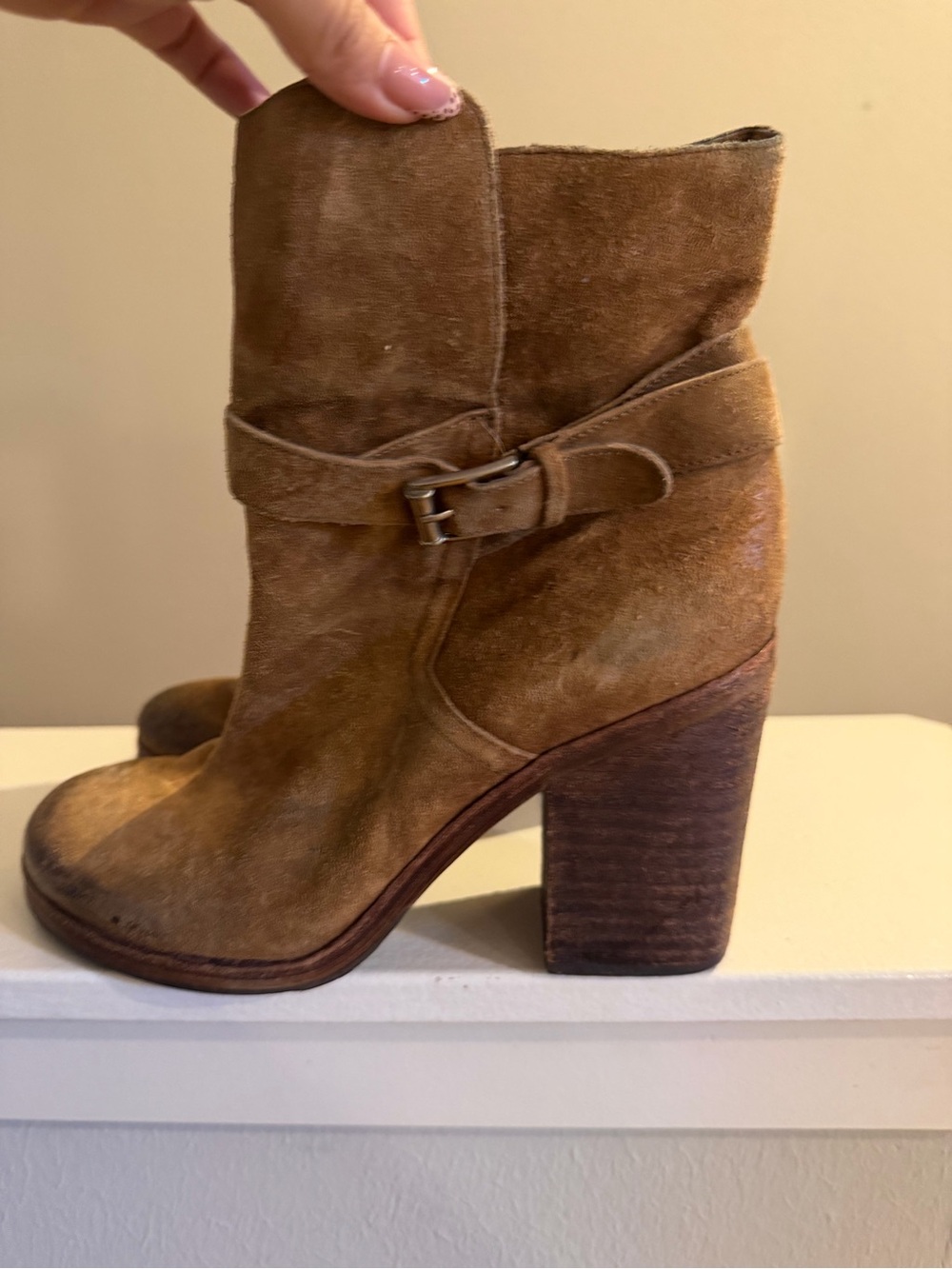 Sam Edelman Brown Suede Buckle Strap Block Heel Ankle Boots 7.5